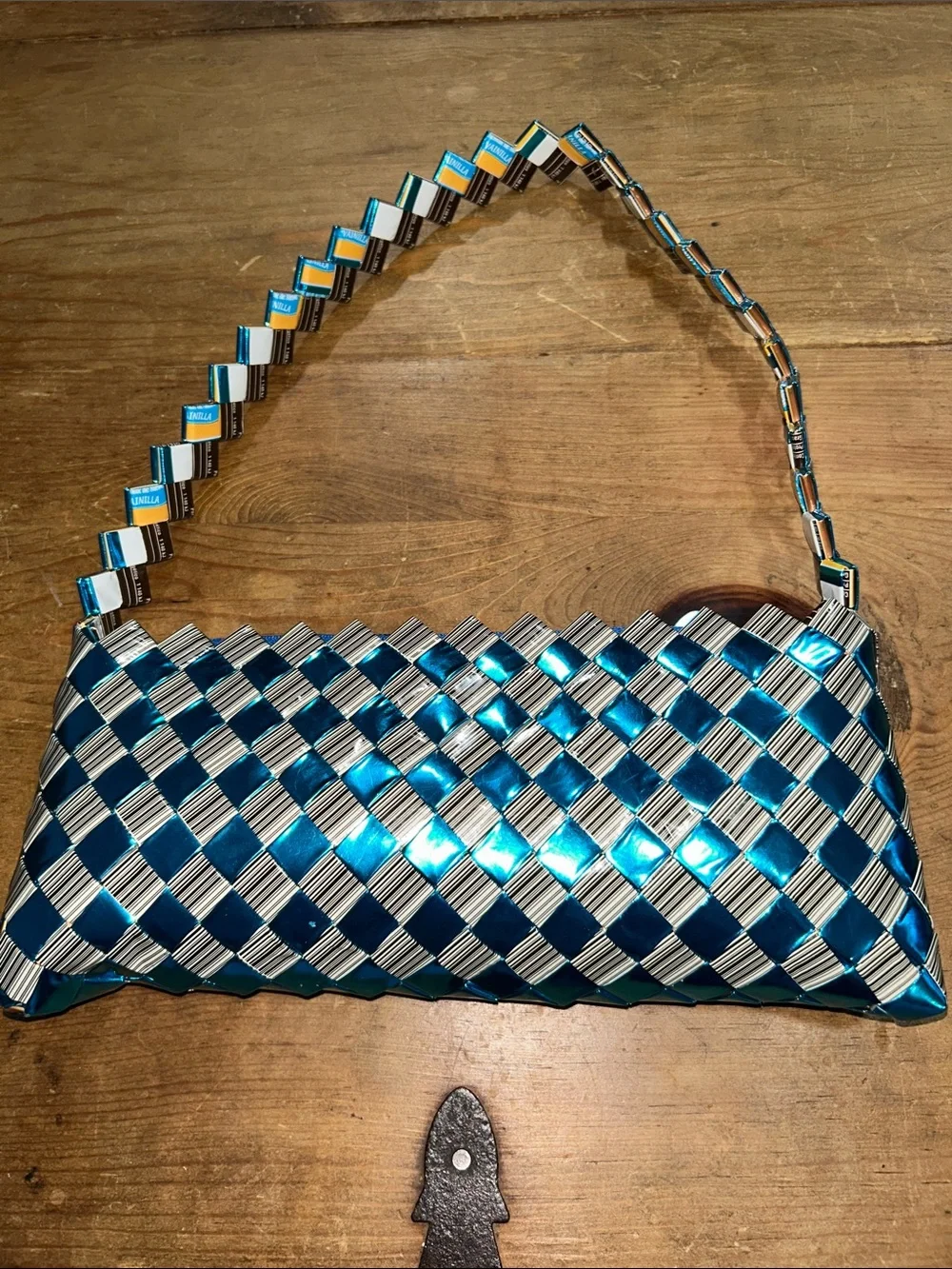 Handmade Recycled Wrapper Woven Shoulder Bag Blue Silver Artisan Purse